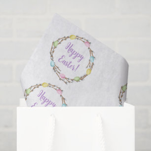 Willow Wreath With Colorful Eggs Happy Easter Tissue Paper