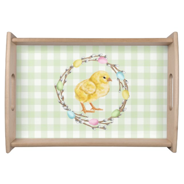 Willow Wreath With Eggs And Chick Green Easter Serving Tray (Front)