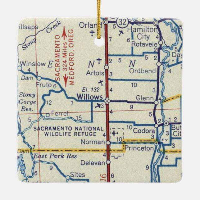 Willows CA Vintage Map Ceramic Ornament (Back)