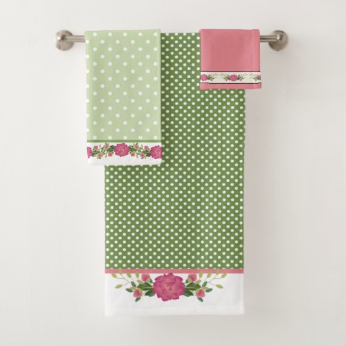 Wimsical Pink and Green Floral and Dots Bath Towel Set