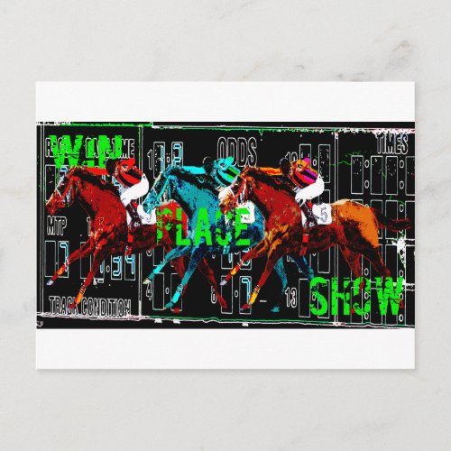 win place show horse racing postcard