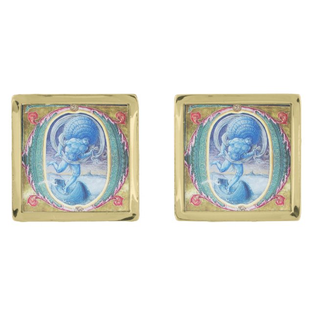 WIND ALLEGORY ANTIQUE FLORAL MINIATURE O MONOGRAM GOLD CUFFLINKS (Front)
