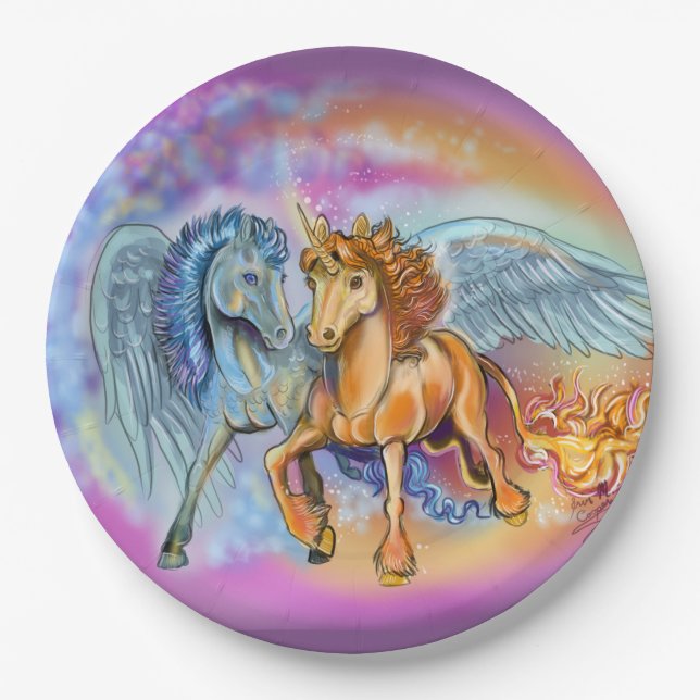 Wind and Flame Romantic pegasus and unicorn  Paper Plates (Front)