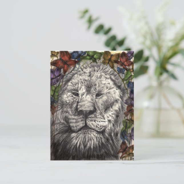 Wind Beneath My Wings Lion Butterflies Animal Art Postcard (Standing Front)