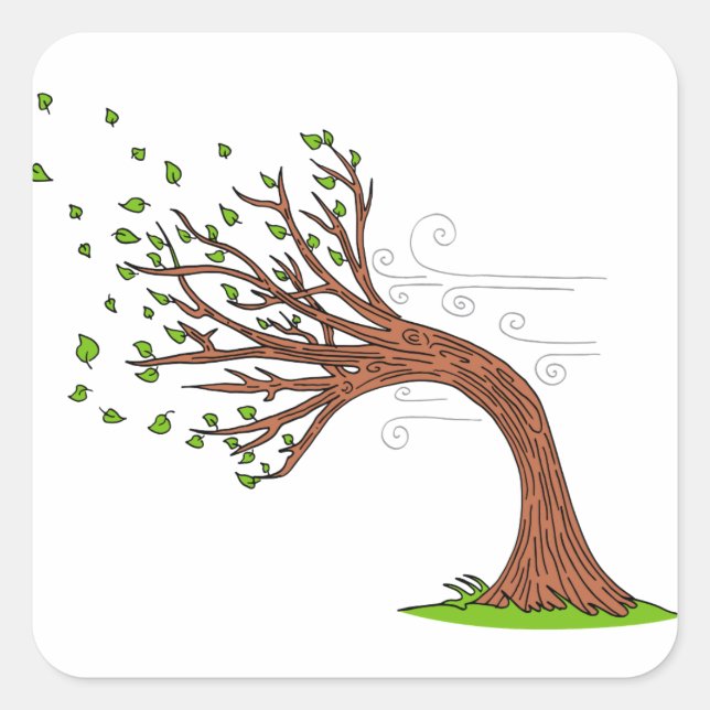 Wind Blowing Tree Cartoon Square Sticker (Front)
