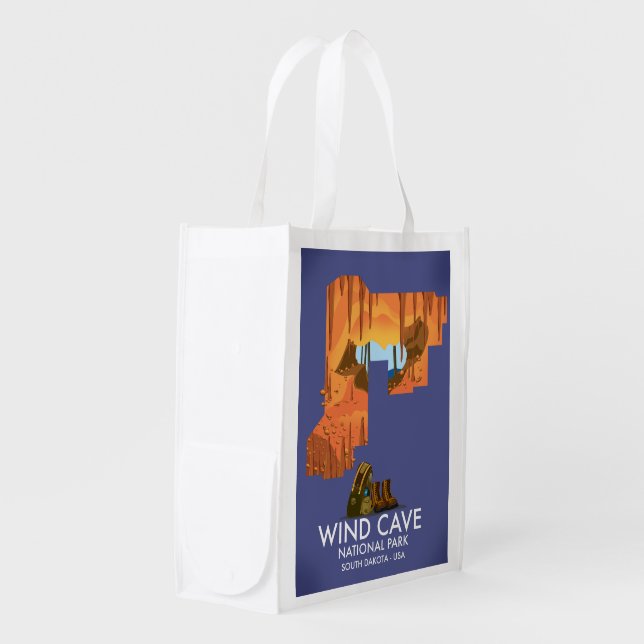 Wind Cave National Park hiking travel poster. Grocery Bag (Front Side)