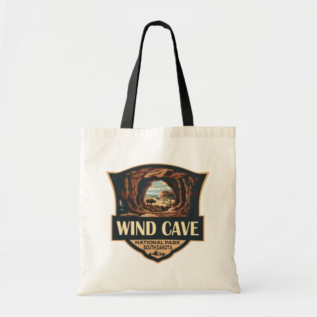 Wind Cave National Park Illustration Retro Badge Tote Bag (Front)