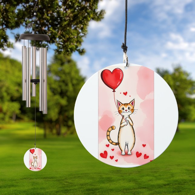 Wind Chime Cat Red Hearts  Wind Chime (Outdoor)