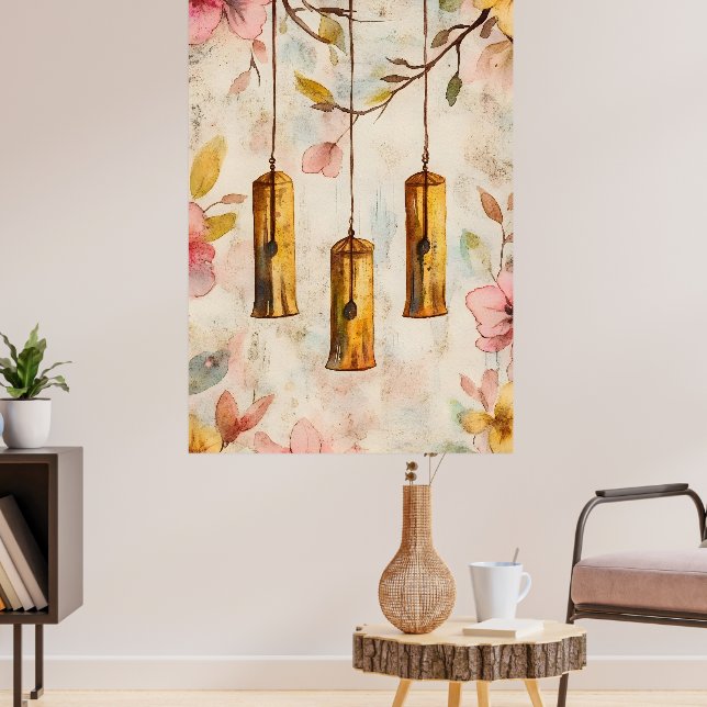 Wind chimes suspended from a flowering branch.  poster (Living Room 3)