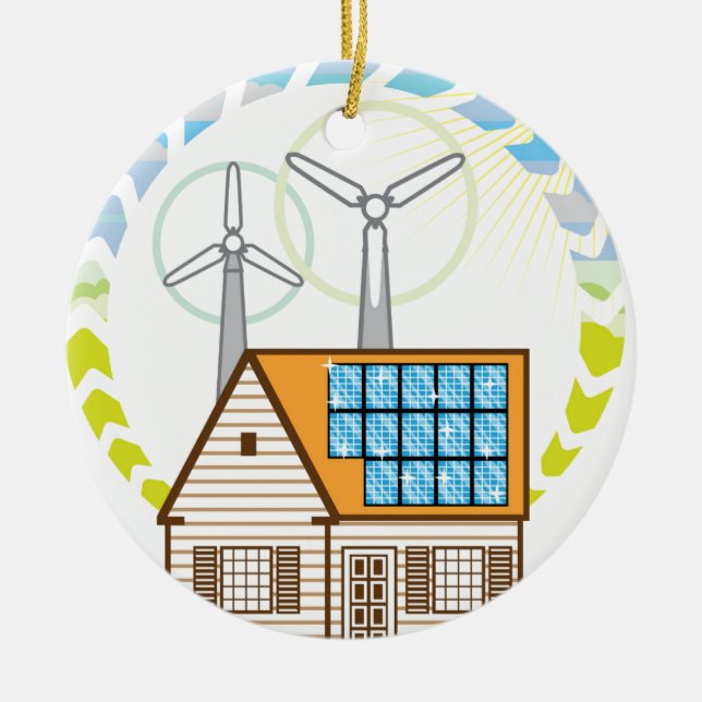 Wind n Solar Small House Vector Eco Energy Ceramic Ornament (Front)