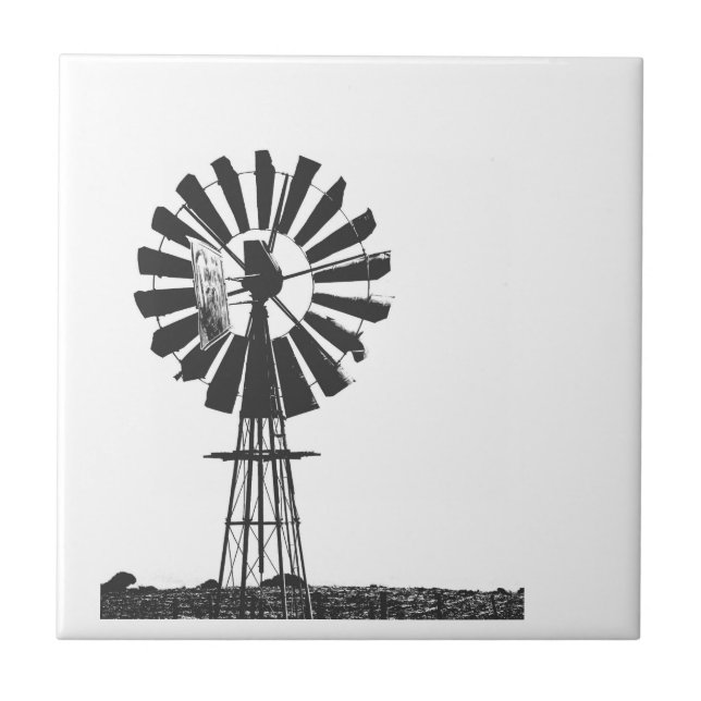 Wind Pump Sketch Farm Rural Landscape Ceramic Tile (Front)