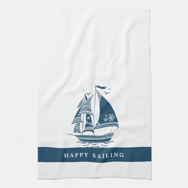 Wind Sailing Boat Tribal Design Kitchen Towel (Vertical)