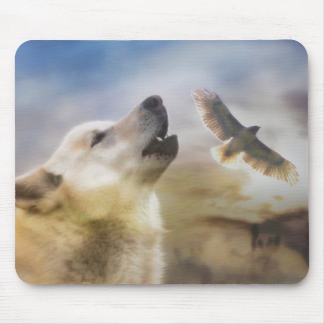 "Wind Talker"  Wolf and Redtail Hawk Mousepad (Front)