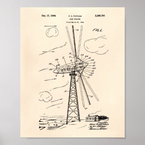Wind Turbine 1944 Patent Art Old Peper Poster