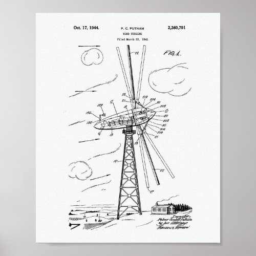 Wind Turbine 1944 Patent Art White Paper Poster