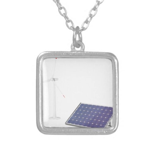 Wind turbine and solar panel silver plated necklace