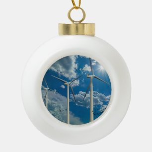 Wind Turbines Blue Sky Clouds Ceramic Ball Christmas Ornament