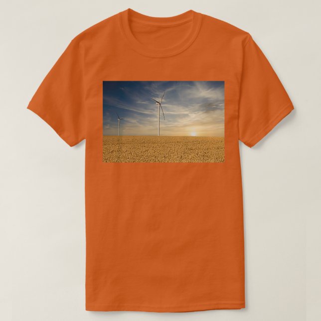 wind turbines in the wheat field sunset landscapes T-Shirt (Design Front)