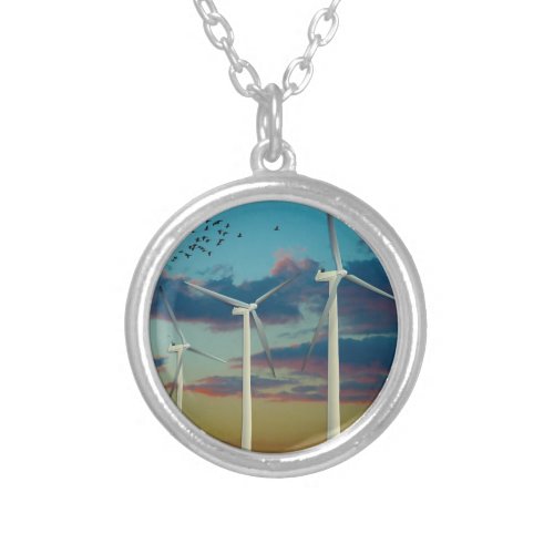Wind Turbines Painted Sky Silver Plated Necklace