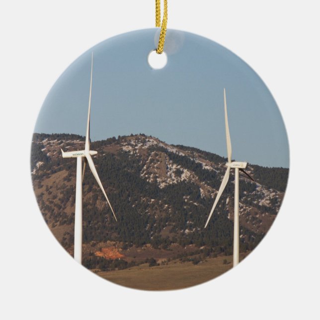 Wind Turbines With A Full Moon Portrait Ceramic Ornament (Front)
