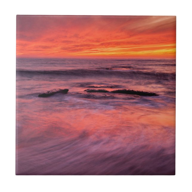 Windansea Beach Red Sunset Ceramic Tile (Front)