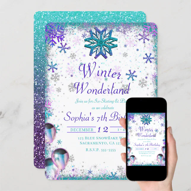 Winder Wonderland Teal Purple Birthday Party Invitation 