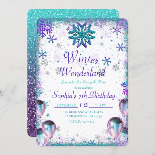 Winder Wonderland Teal Purple Birthday Party Invitation