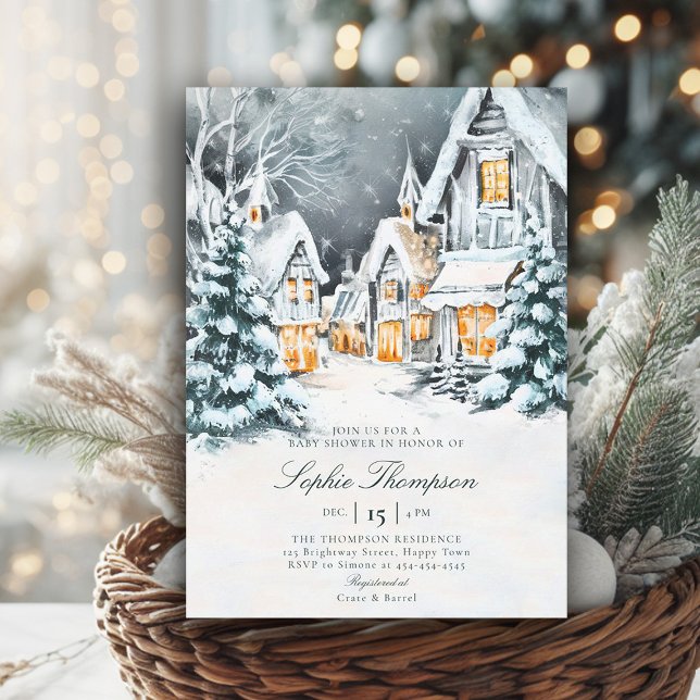 Winder Wonderland Watercolor Snow Cold Baby Shower Invitation (winter baby shower invitation gender neutral wonderland snow cold classic traditional painting)