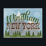 Windham New York Fun Retro Snowy Mountains Postcard<br><div class="desc">Windham New York neo vintage travel design in fun retro cartoon style featuring snow capped mountains, forest and trees below, blue skies and cool retro script text.</div>