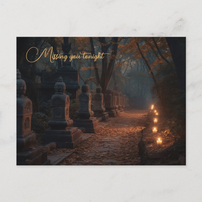 Winding cobblestone path through woods at twilight postcard (Front)