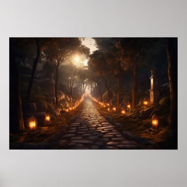 Winding cobblestone path through woods at twilight poster (Front)