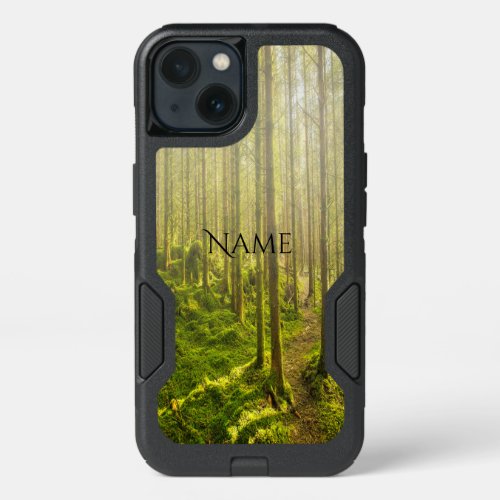 Winding forest path in golden light and mist name iPhone 13 case