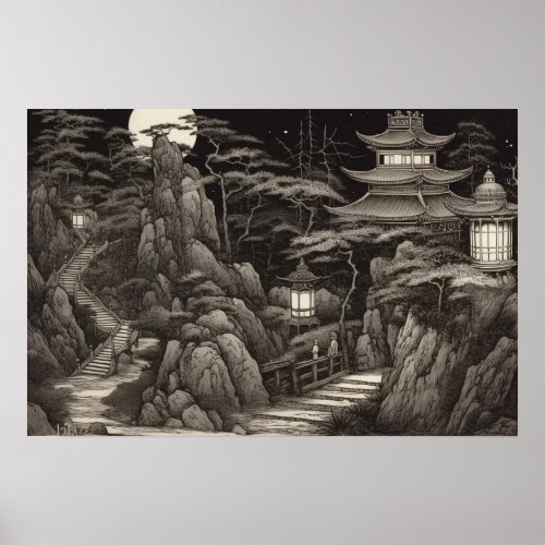 Winding path ancient Chinese temple mountains Poster
