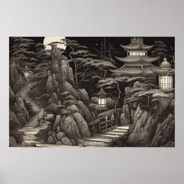 Winding path ancient Chinese temple mountains Poster (Front)