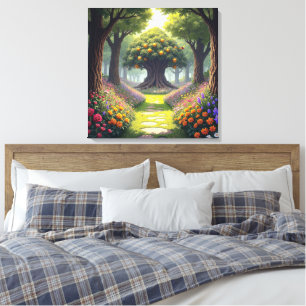 Winding Path through Flower Meadow to Orange Tree Canvas Print