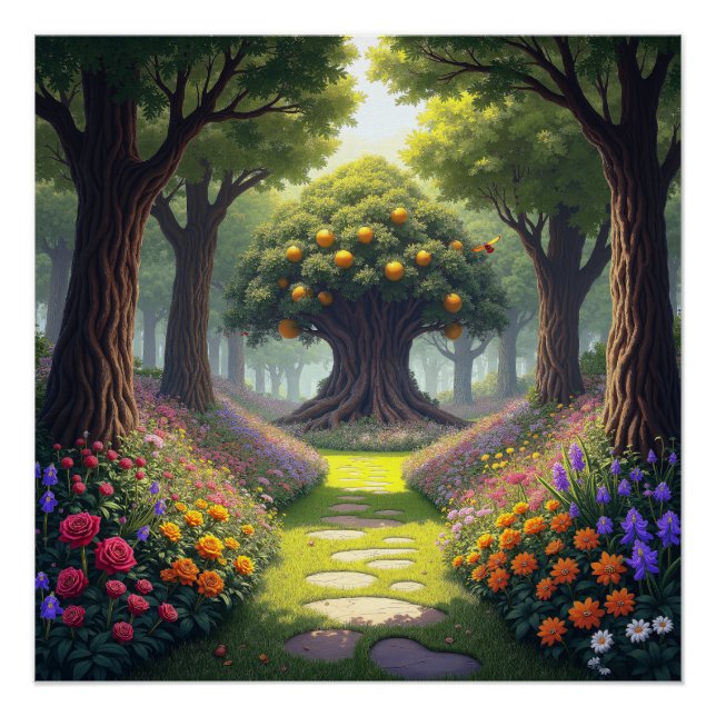 Winding Path through Flower Meadow to Orange Tree Poster (Front)