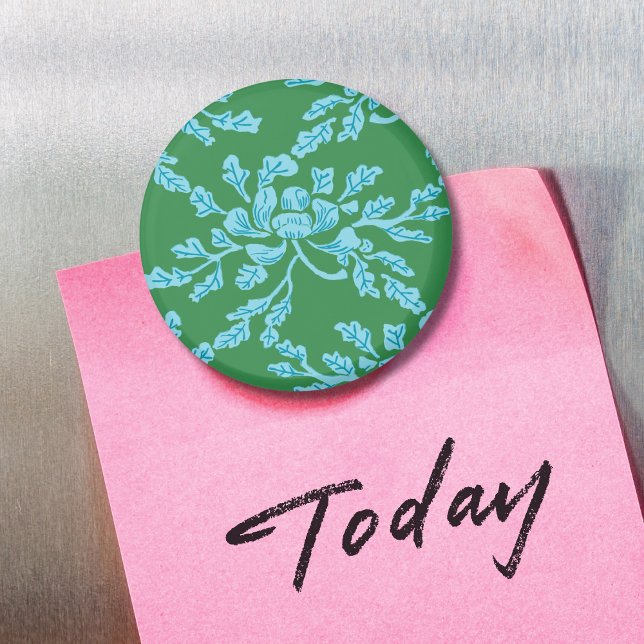 Winding Peony Woodcut in Green and Aqua Magnet (Creator Uploaded)