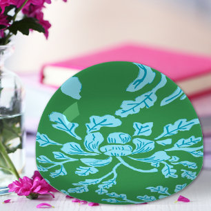 Winding Peony Woodcut in Green and Aqua Paperweight
