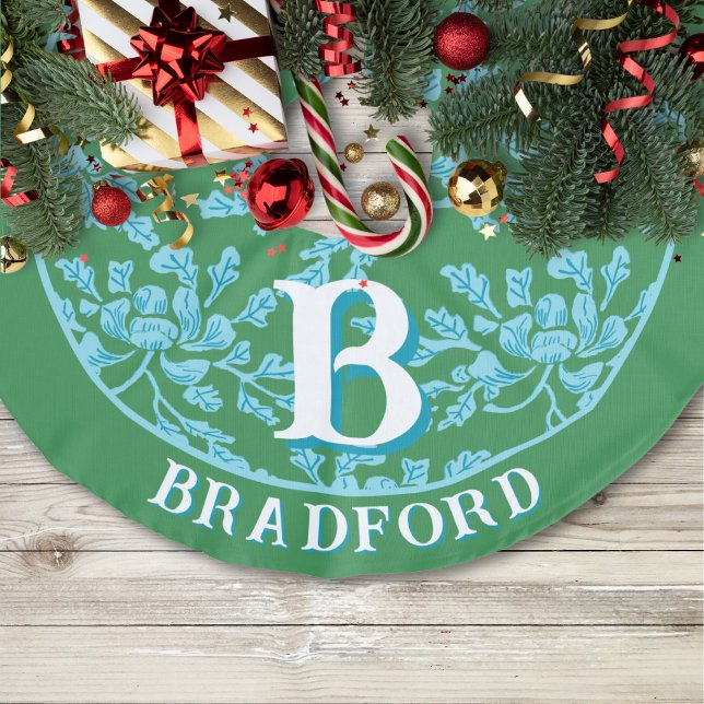 Winding Peony Woodcut in Green + Aqua Personalized Faux Linen Tree Skirt (Creator Uploaded)