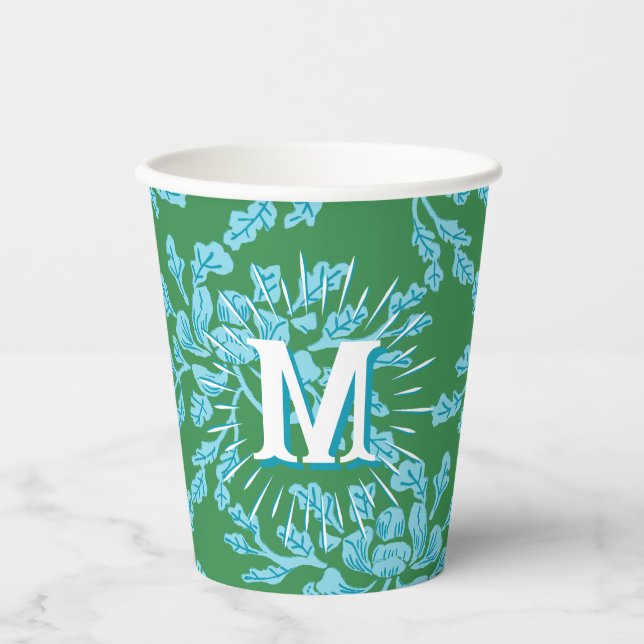 Winding Peony Woodcut in Green + Aqua Personalized Paper Cups (Front)