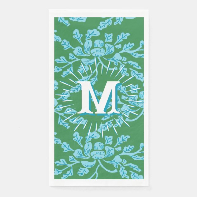 Winding Peony Woodcut in Green + Aqua Personalized Paper Guest Towels (Front)