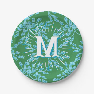 Winding Peony Woodcut in Green + Aqua Personalized Paper Plates