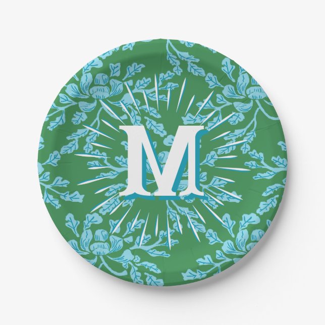 Winding Peony Woodcut in Green + Aqua Personalized Paper Plates (Front)