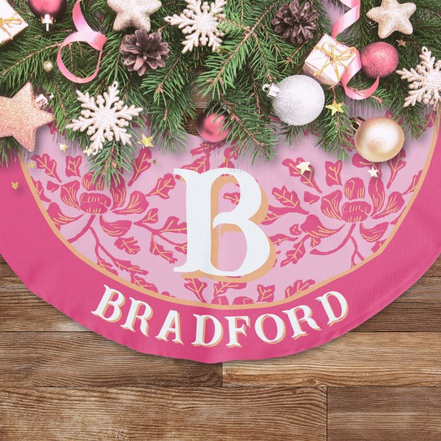 Winding Peony Woodcut Pink + Orange Personalized Faux Linen Tree Skirt (Creator Uploaded)