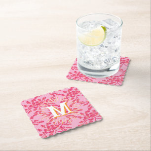 Winding Peony Woodcut Pink + Orange Personalized Paper Coaster