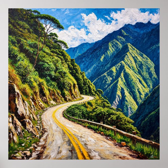 Winding Road Surrounded by Verdant Mountains Poster (Front)