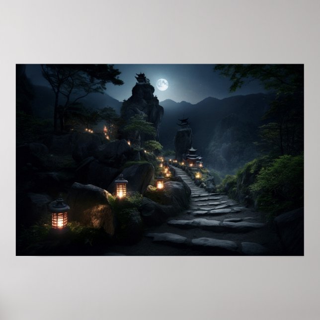 Winding stone path to stone outcropping temples poster (Front)
