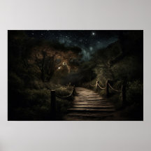 Winding timber path through valley forest at night