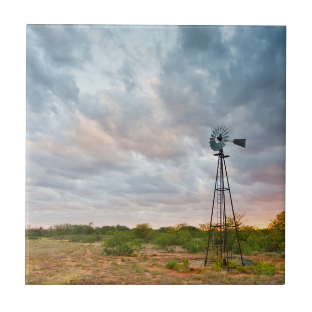 Windmill And Clouds At Sunset Ceramic Tile (Front)