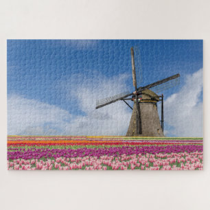 Windmill And Colorful Tulips Amsterdam Netherlands Jigsaw Puzzle